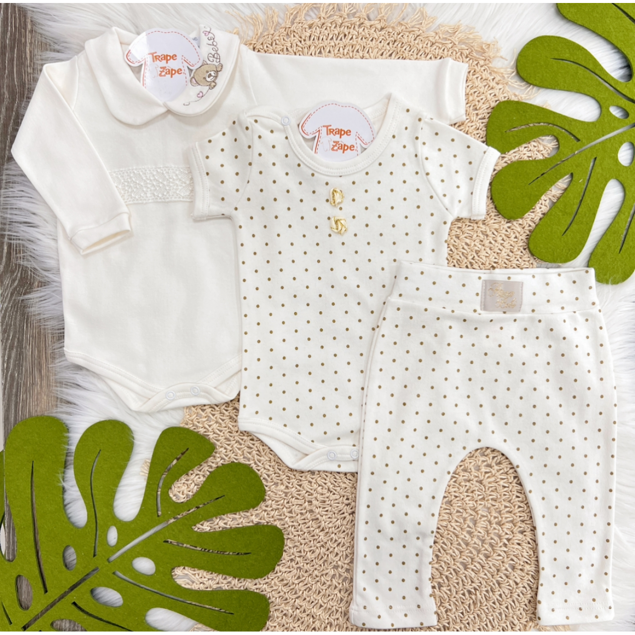 Conj. de Malha 3 peças - Ursa Bebê - Off White e Dourado